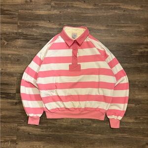 Vintage 80s White and Pink Striped Polo Sweatshirt